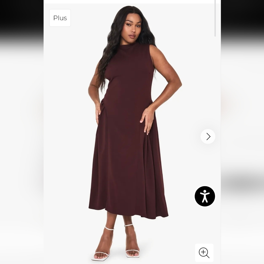 #215 NWT Boohoo Plus High Neck Midaxi Skater Dress, Burgundy